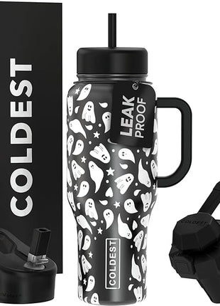 Coldest Tumbler with Handle and Straw - 100% Leak Proof Insulated Tumbler with Lid and Straw (3 Lids) - Stainless Steel Tumblers for Women & Men - Cup Holder Friendly Base, 36 oz (Ghosts)