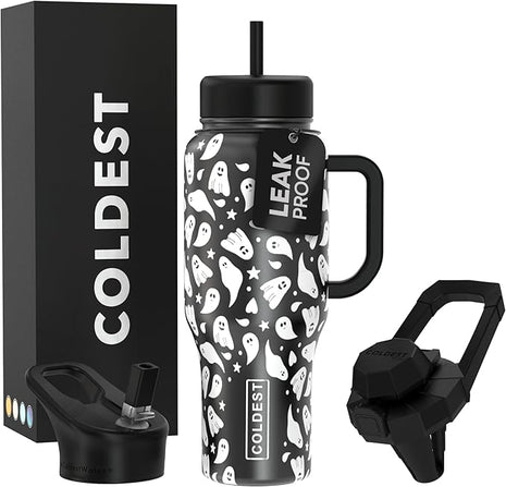 Coldest Tumbler with Handle and Straw - 100% Leak Proof Insulated Tumbler with Lid and Straw (3 Lids) - Stainless Steel Tumblers for Women & Men - Cup Holder Friendly Base, 36 oz (Ghosts)