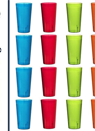 US Acrylic Cafe Plastic Reusable Tumblers (Set of 16) 20-ounce Water Cups Assorted Colors | Restaurant Style Drinking Glasses Value Set, Stackable, BPA-free, Made in the USA | Top-rack Dishwasher Safe