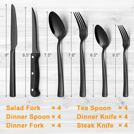 CEKEE 24 Piece Silverware Set for 4 With Steak Knives, Stainless Steel Black Flatware, Utensils, Tableware Cutlery for Home & Kitchen, Hand Wash Recommended