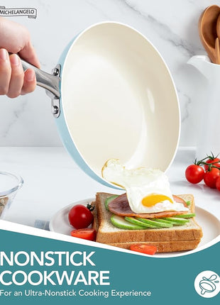 MICHELANGELO Pots and Pans Set Non Stick Ceramic Cookware Set, 8-Piece Nonstick Pots and Pans, Non-Toxic, Oven Safe & Compatible with All Stovetops - Blue