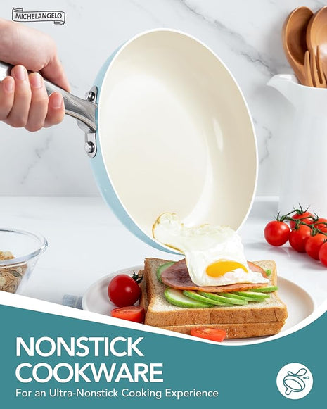 MICHELANGELO Pots and Pans Set Non Stick Ceramic Cookware Set, 8-Piece Nonstick Pots and Pans, Non-Toxic, Oven Safe & Compatible with All Stovetops - Blue