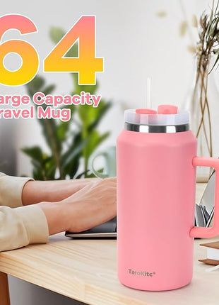 TaroKitc 64 oz Tumbler with Handle, Stainless Steel Vacuum Insulated Tumbler with Lid and Straw, Coffee Travel Water Bottle Jug, Keep Cold 34H & Hot 12H, Dishwasher Safe, BPA Free(Lavender)