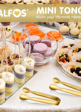 Walfos Small Gold Tongs For Serving,Food Grade Stainless Steel 4" Mini Tongs Appetizers for Parties Catering, Sugar，Desserts，Tea Party, Coffee Bar, Set of 12 （Gold）