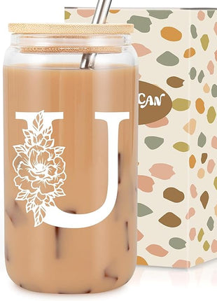 Coolife Initial Glass Cup, Monogrammed Gifts for Women, 16 oz Glass Cups w/Lids Straws, Iced Coffee Smoothie Beer Tumbler w/Straw Lid - Personalized Christmas, Birthday Gifts for Her Mom Friend Woman