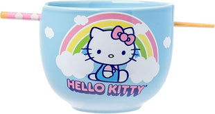 Silver Buffalo Hello Kitty Rainbow and Clouds Ceramic Ramen Noodle Rice Bowl with Chopsticks, Microwave Safe, 20 Ounces