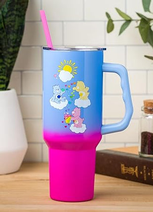 Silver Buffalo Care Bears Ombre Stainless Steel Travel Tumbler With Handle, Lid, and Reusable Straw | Holds 40 Ounces