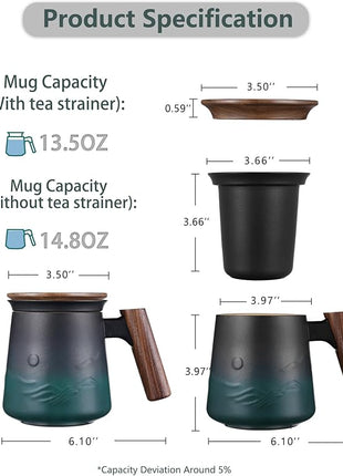 ZENS Embossed Ceramic Tea Mug with Infuser and Lid, 14.5 oz Wooden Handle, Loose Leaf Tea Steeper Mugs & Strainer for Tea Lovers Gifts