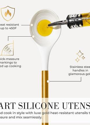 Styled Settings White and Gold Cooking Utensils Set with Holder - 15-Piece Silicone Cooking Tools with Utensil Holder, Measuring Cups, and Spoons - Elegant White and Gold Kitchen Accessories