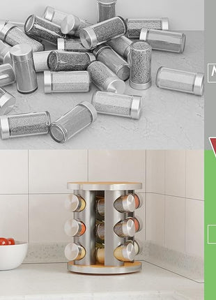 New England Stories Revolving Spice Rack Set with 12 Spice Jars, Kitchen Spice Tower Organizer for Countertop or Cabinet - Carousel Storage Includes 386 Spice Labels