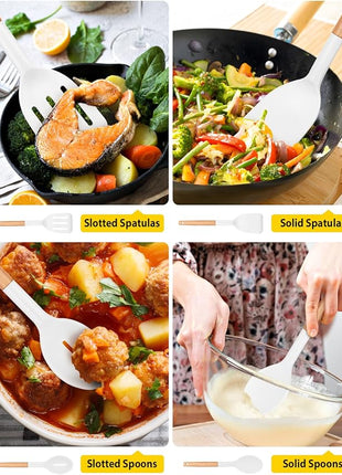 Pack of 4 Silicone Cooking Utensils Set, Non Stick Solid Spatulas and Heat Resistant Slotted Spoons with Wooden Handle, Ideal Wood Kitchen Utensils Set for Frying,Serving,Turning,Stirring (WHITE)