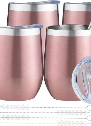 MEZMUT 12 Oz Insulated Wine Tumbler with Lid Double Wall Vacuum Stainless Steel Wine Glass Coffee Mug Insulated Tumbler Cup for Champaign, Cocktail, Beer (Rose Gold, 4 Pack)