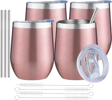 MEZMUT 12 Oz Insulated Wine Tumbler with Lid Double Wall Vacuum Stainless Steel Wine Glass Coffee Mug Insulated Tumbler Cup for Champaign, Cocktail, Beer (Rose Gold, 4 Pack)