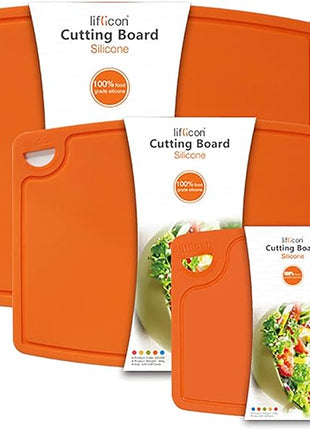 Liflicon Silicone Thick Cutting Boards Mats Set of 3pcs Foldable & Flexible Design Juice Grooves Easy Grip Handle Dishwasher Safe for Kitchen,BPA free Chif-Orange