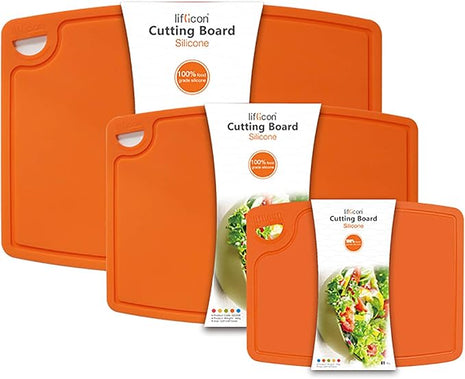 Liflicon Silicone Thick Cutting Boards Mats Set of 3pcs Foldable & Flexible Design Juice Grooves Easy Grip Handle Dishwasher Safe for Kitchen,BPA free Chif-Orange