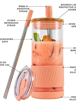 Pandaloo® Glass Cups With Lids and Straws -20 Fl Oz- Perfect Size Iced Coffee Cup - Smoothie Cup With Bamboo Lid and On the go Lid (Peach Fuzz, 1 Count (Pack of 1)