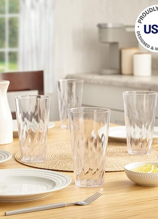 US Acrylic Palmetto [Set of 16] 20 ounce Plastic Stackable Water Tumblers in Clear, Lightweight Value Set of Drinking Cups, Reusable, BPA-free, Made in the USA, Top-rack Dishwasher Safe