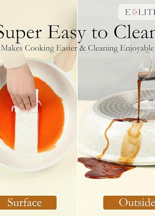 ESLITE LIFE Nonstick Ceramic Frying Pans Skillets Set with Lids, Non-Toxic Egg Omelette Kitchen Cooking Pans Compatible with All Stovetops (Gas, Electric & Induction), PTFE & PFOA Free (White)