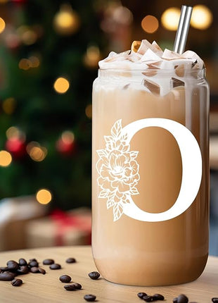 Coolife Initial Glass Cup, Monogrammed Gifts for Women, 16 oz Glass Cups w/Lids Straws, Iced Coffee Smoothie Beer Tumbler w/Straw Lid - Personalized Christmas, Birthday Gifts for Her Mom Friend Woman