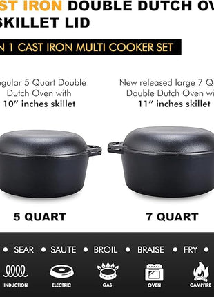 Bruntmor Pre-Seasoned Cast Iron Double Dutch Oven with Skillet Lid - 7 Quart All-in-One Casserole and Braising Pan - Heavy Duty and Oven Safe Black Cookware for Versatile Cooking - 14.7 x 6.9 Inches