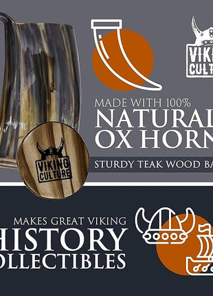 Viking Culture Ox Horn Mug, Shot Glass, and Bottle Opener (3 Pc. Set) Authentic 16-oz. Ale, Mead, and Beer Tankard | Vintage Stein with Handle | Polished Finish | Diagonal Stripes