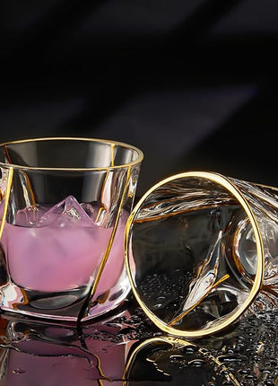 GLASKEY Crystal Whiskey Glasses Set of 2 with 24K Gold Rim,Bar Glasses,Twisted Whiskey Glass Gold Collection for Bourbon,Scotch and Wine,Rock Barware for Men Gift - 8oz