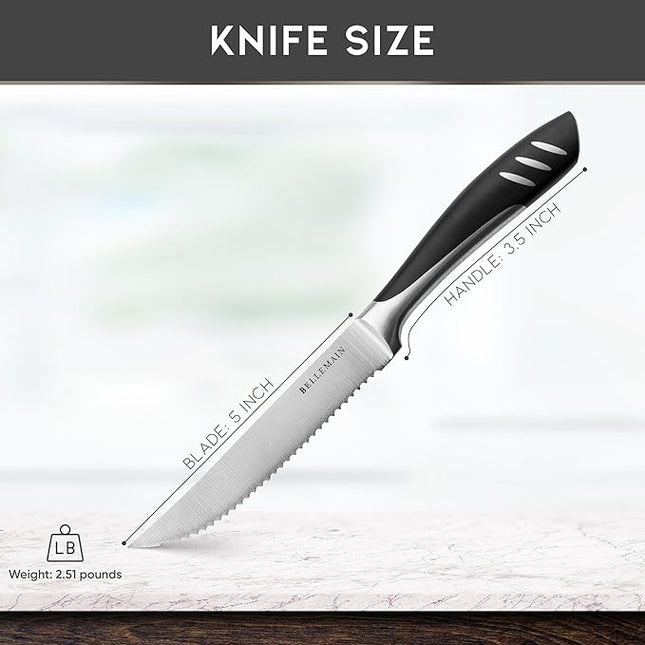 Bellemain Premium Steak Knives Set of 4, Kitchen Knife Sets with Steel Blades for Precise Cutting, Lightweight Steak Knife Set Stainless Steel & Durable, Serrated Steak Knives Dishwasher Safe
