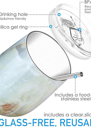 THILY Stainless Steel Stemless Wine Tumbler 4 Pack Vacuum Insulated Travel Wine Glasses with Sliding Lids and Straws, 12 oz, Keep Cold for Juice, Coffee, Beer, 4 Different Marbles Set