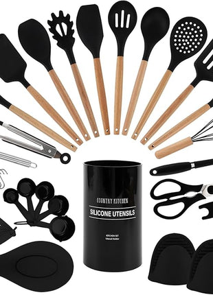 Country Kitchen Non Stick Silicone Utensil Set with Rounded Wood Handles for Cooking and Baking, 38 Piece Set, Black