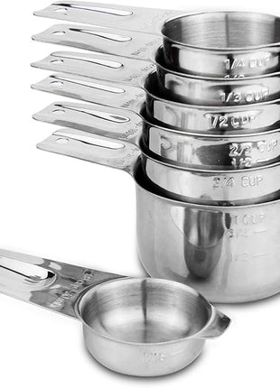 Set of 7 Heavy Duty Measuring Cups, 18/8 Stainless Steel with Ring Connector, Silver