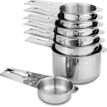 Set of 7 Heavy Duty Measuring Cups, 18/8 Stainless Steel with Ring Connector, Silver