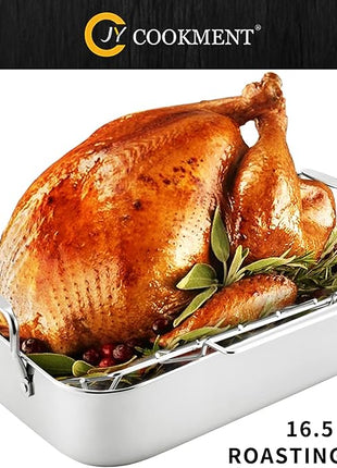 JY COOKMENT Roasting Pan with Baking Rack, 16.5 Inch Stainless Steel Turkey Roaster with Rack, Baster. Great for Turkey, Chicken, Ham, Vegetables