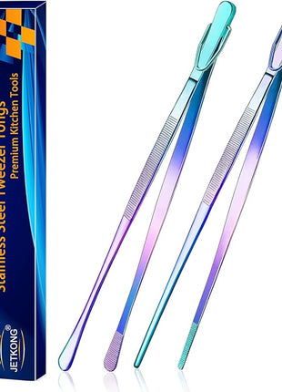 JETKONG 2 Pcs 12-Inch Culinary Tweezers Food Tweezers Kitchen Tweezer Tongs for Cooking (Rainbow)