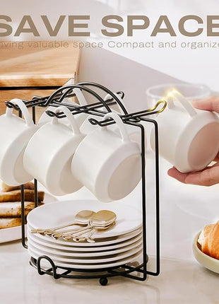 Lareina 3-Ounce Porcelain Espresso Cups Set of 6, Stackable Coffee Cups with Saucers, Spoons and Metal Stand, Ceramic Demitasse Mugs, Espresso Accessories for Machine, White