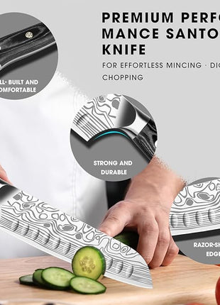 MOSFiATA Santoku Knife- 7 Inch Vegetable Knife Ultra Sharp Chopping Knife- Forged EN.4116 German Steel- Including Sheath,Finger Guard,Knife Sharpener,Full Tang,Best Gifts with Handmade Gift Box