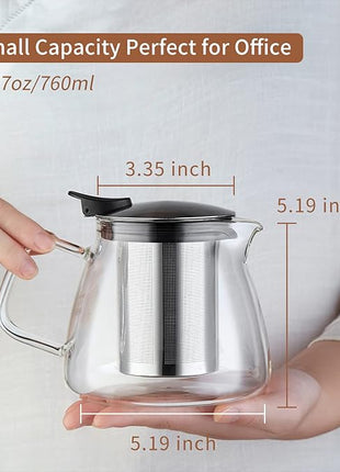 Glass Teapot Tea Pot with Removable Stainless Steel Infuser, 25oz / 760ml Borosilicate Glass Tea Kettle for Office Work, Fine Strainer for Loose Leaf Tea