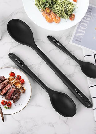 3 Pcs Silicone Spoons Set of 7.9 10.6 14.2 inch for Cooking, Heat Resistant Kitchen Spoons for Mixing, Stirring, and Serving, Small to Large Non Stick (Black)