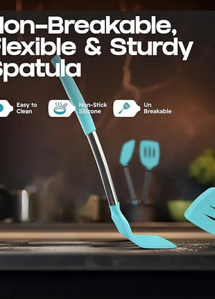 Silicone Spatula Set - Turner Spatulas Silicone Heat Resistant 600°F - Slotted & Solid Spatula for Cooking Fish, Eggs, Pancakes Flipper – Spatulas for kitchen use – Aqua