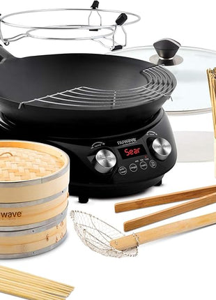 Nuwave Mosaic Induction Wok, Temp Control 100°F-575°F in 5°F, Wok Hei, Infuse Charred Aroma & Flavor, 14-inch Carbon Steel Wok, 8pc Bamboo Accessories