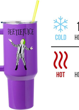 Silver Buffalo Tim Burton Beetlejuice Stainless Steel Tumbler with Handle and Straw, Fits in Standard Cup Holder, 40 Ounces