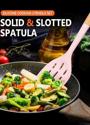 Pack of 2 Silicone Spatula, Non Stick Cooking Utensil Set Wooden Handle Kitchen Turner for Baking Mixing Grilling Serving Food Heat Resistant Non Scratch Hooks Included (Pink)