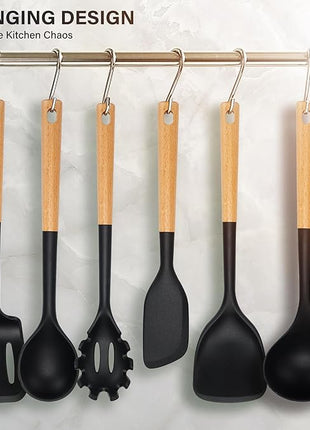 Silicone Cooking Utensils Set, Heat Resistance Large Kitchen Utensils Set with Long Wooden Handle, BPA-free Silicone Spatula, 6 Pcs Cooking Spoons for Non Stick Frying Pans and Pots（Black）
