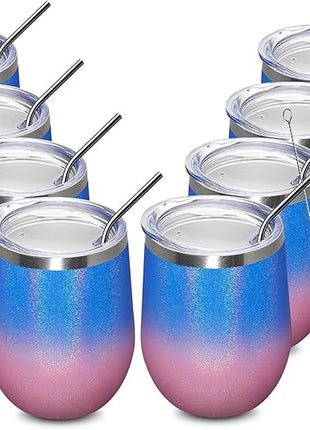 MEWAY 12oz/8 Pack Wine Tumbler Glasses with Lid - Stemless Double Wall Vacuum Stainless Steel Glitter Tumbler - Keeping Cold & Hot Cup for Coffee,for Women(Gradient Pink,Set of 8)