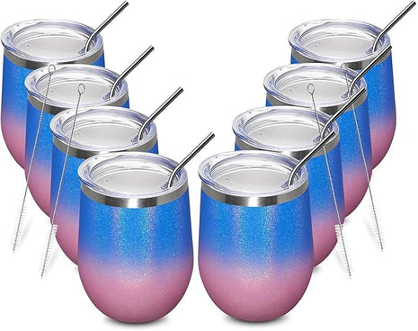MEWAY 12oz/8 Pack Wine Tumbler Glasses with Lid - Stemless Double Wall Vacuum Stainless Steel Glitter Tumbler - Keeping Cold & Hot Cup for Coffee,for Women(Gradient Pink,Set of 8)