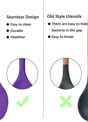 Silicone Spoon for Cooking, BPA Free Silicone Slotted Solid Spoons Set Heat Resistant, Dishwasher Safe Nonstick Silicone Kitchen Serving Spoon Set for Mixing Basting Stirring, Purple