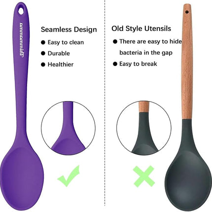 Silicone Spoon for Cooking, BPA Free Silicone Slotted Solid Spoons Set Heat Resistant, Dishwasher Safe Nonstick Silicone Kitchen Serving Spoon Set for Mixing Basting Stirring, Purple