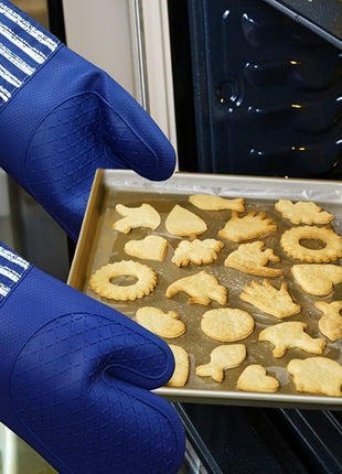 Silicone Oven Mitts Heat Resistant 932℉ with Waterproof & Non-Slip Kitchen Mittens, Set of 2 Extra Long Oven Gloves with Soft Cotton Terry Lining for Baking Cooking Barbecue (Cobait Blue, 2)