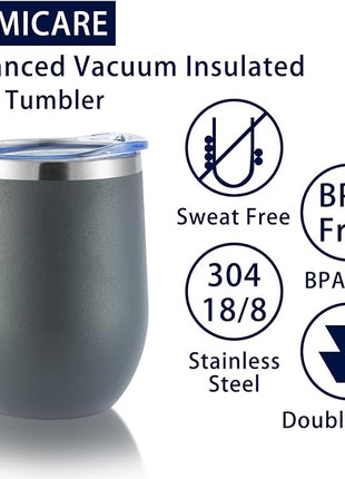 DOMICARE Stainless Steel Wine Tumbler Bulk with Lid, Personalized Insulated Tumblers Set, 12oz Travel Coffee Cups Pack of 4, Gray