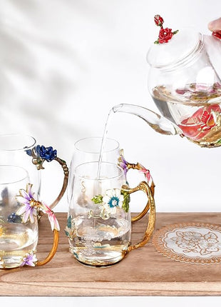 Enamel Glass Flower Tea Pot With Removable Loose Tea Leaf Infuser Tea Maker Teapot Set 30.4OZ Gifts for Women,Mom,Birthday