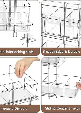 2Set 3 Tier Clear Bathroom Organizer with Dividers, Pull-Out Pantry Organization and Storage, Multi-Purpose Under Sink Organizers and Storage, Vanity Skincare Cosmetic Closet Organizer Medicine Bins